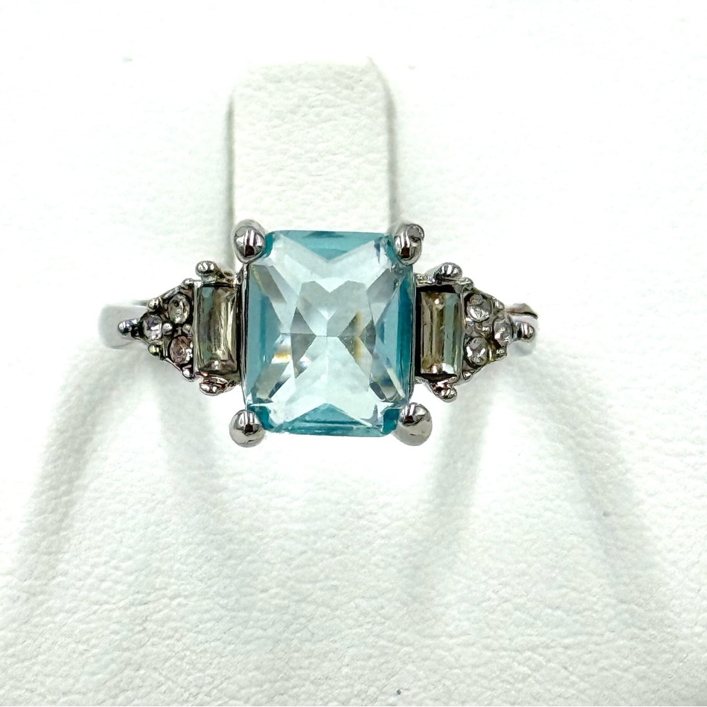 New Sterling Silver Aquamarine & White Sapphire Ring Size 9
